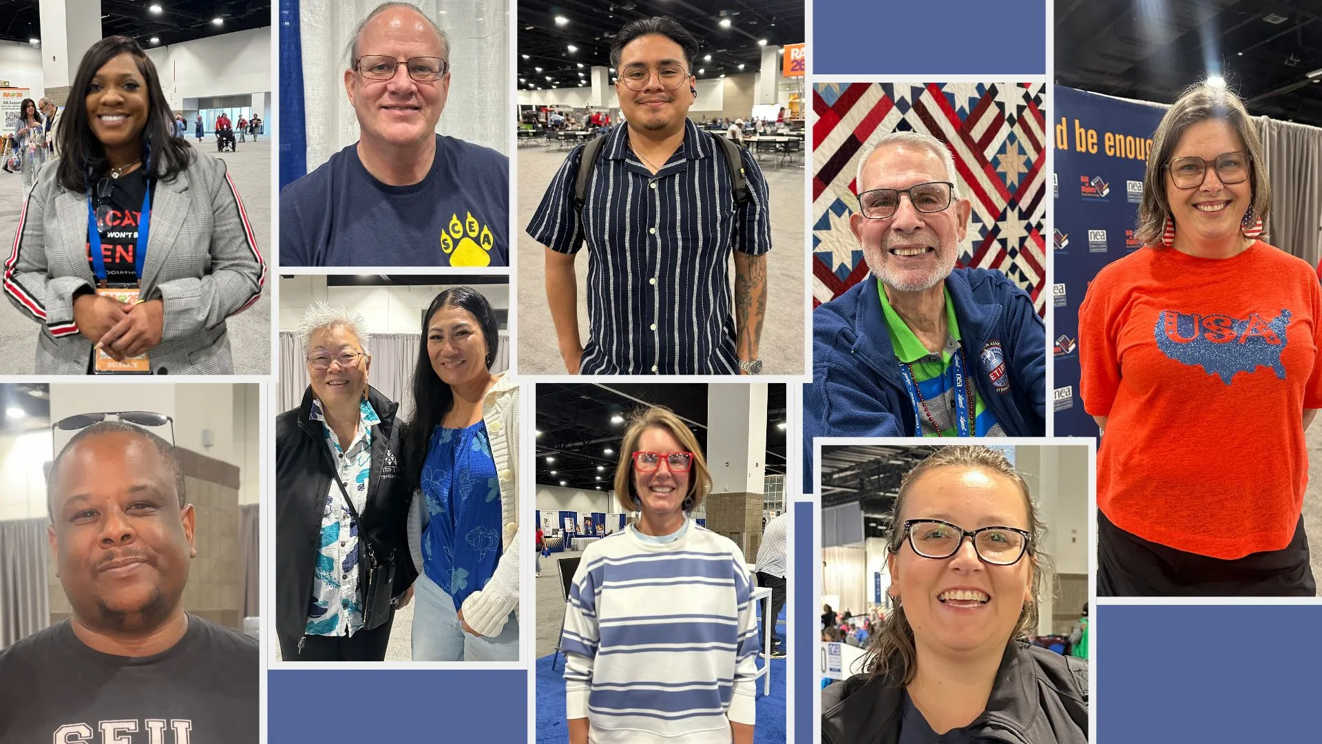 Collage of photos of 10 educators interviewed in the article. They are all standing in the Denver convention center