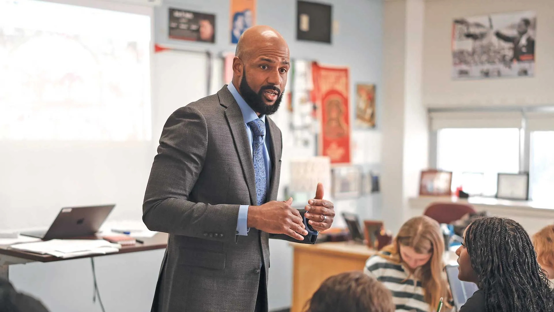 Pennsylvania social studies teacher Leon Smith in his classroom
