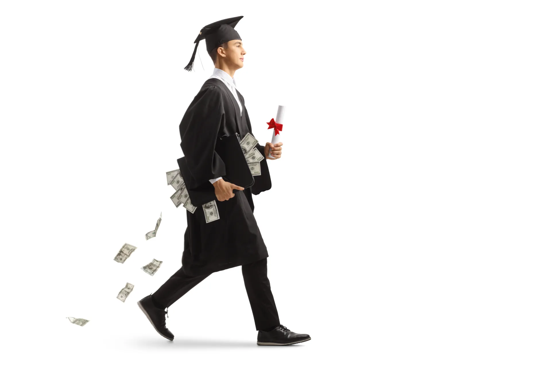 Graduate walking as cash falls around him