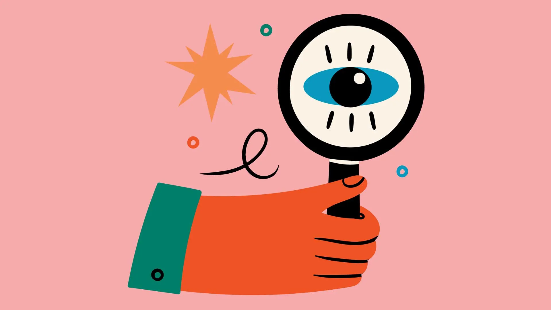 Graphic image of hand holding a magnifying glass with an eye inset to depict investigating.