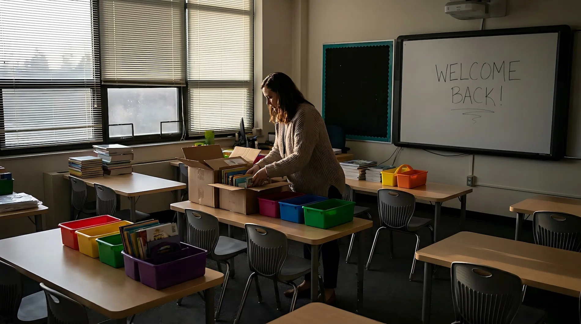 Teacher organizing a classroom before the school year begins
