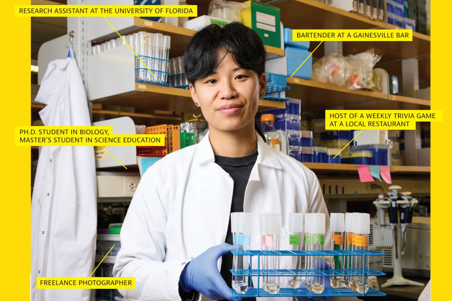 Lisa Coe in lab coat holding lab equipment