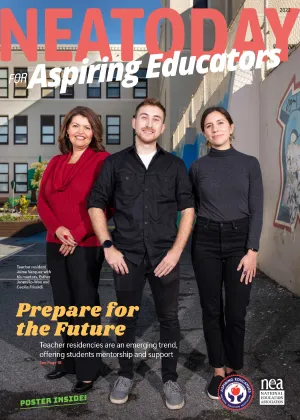 2022 NEA Today Aspiring Educators Cover with 1 male and 2 female student members in a school courtyard.