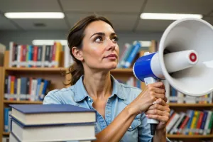 Educator with a bullhorn in a library.