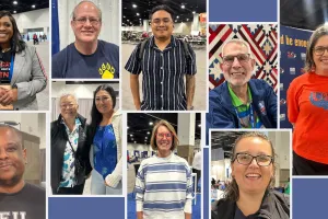 Collage of photos of 10 educators interviewed in the article. They are all standing in the Denver convention center
