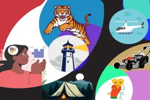 Illustration featuring a woman holding a puzzle piece, a jumping tiger, a helicopter, a lighthouse, a lawnmower, a tent by a campfire, and a heart with the words "gentle love" written in cursive.
