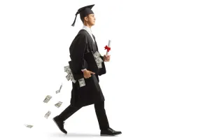 Graduate walking as cash falls around him
