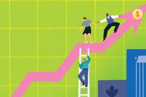 Illustrated pink arrow rising across the screen