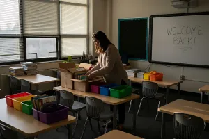Teacher organizing a classroom before the school year begins