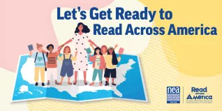 Graphic of students and teachers with text that says Let's get ready to Read Across America