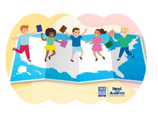 graphic illustration of several children standing on a us map
