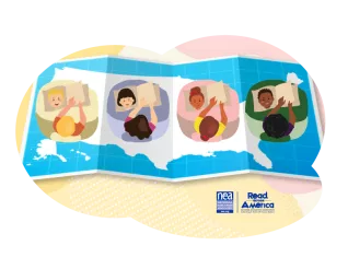 graphic image of 4 children reading books overtop a us map