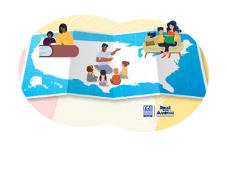 graphic illustration of several children and adults reading while sitting on a us map