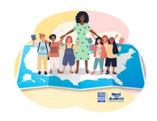 graphic of teacher and students standing on a us map