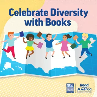 graphic of kids with books overtop of map of the united states