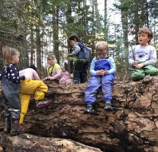 Photo of preschoolers sitting on log