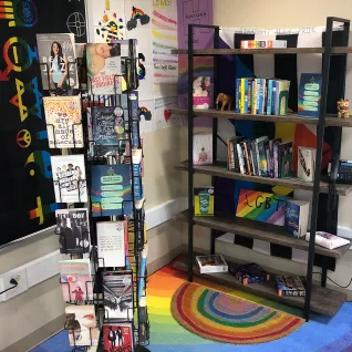 Book tower of LGBTQ+ titles at Holicong Middle School, in Pennsylvania