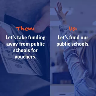 Graphic that says: "'Them: Let's take funding away from public schools for vouchers.' 'Us: Let's fund our public schools.'"