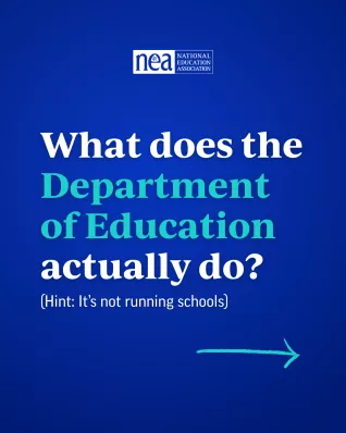 Graphic that reads "What does the Department  of Education actually do? (Hint: It’s not running schools)"