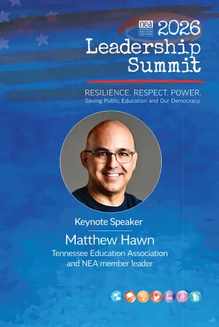 Blue poster with text and headshot advertising Matthew Hawn as a keynote speaker