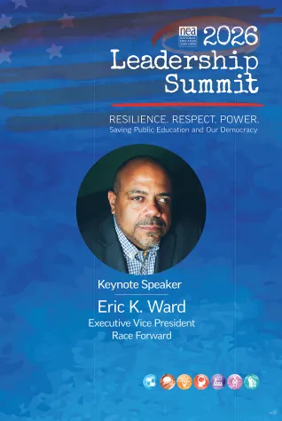 Blue poster with text and headshot advertising Eric K Ward as a keynote speaker