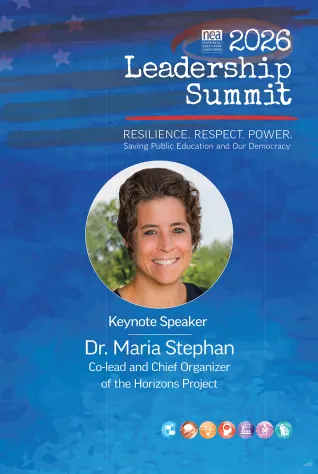 Blue poster with text and headshot advertising Dr. Maria Stephan as a keynote speaker