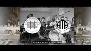 Screenshot of the NEA-ATA Merger 60th Anniversary video with a black and white image of students in class in the 60s and NEA's and ATA's logos overtop