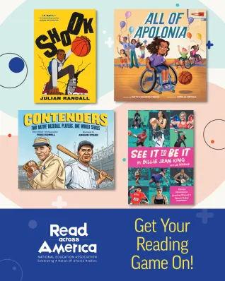 Collage of sports-themed book titles from Read Across America calendar with text that says Get Your Reading Game On!