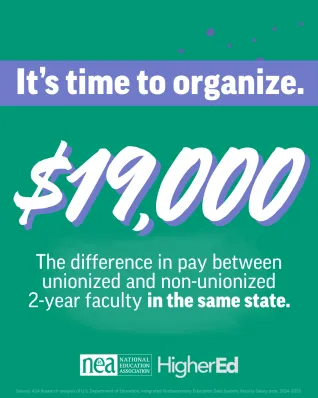 It's time to organize. $19,000 - the different in pay between unionized and non-unionized 2-year faculty in the same state.