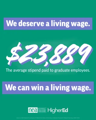We deserve a living wage. $23,889, the average stipend paid to graduate employees. We can win a living wage.