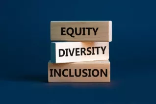 Stacked wooden block reading, "Equity Diversity Inclusion"