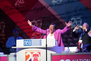 NEA President Becky Pringle rally's the crowd on opening day at the 2024 NEA Representative Assembly in Philadelphia, Pennsylvania. JULY 3, 2024
