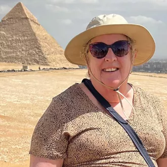 Anne Cancelmo at the Pyramids of Giza, in Egypt.