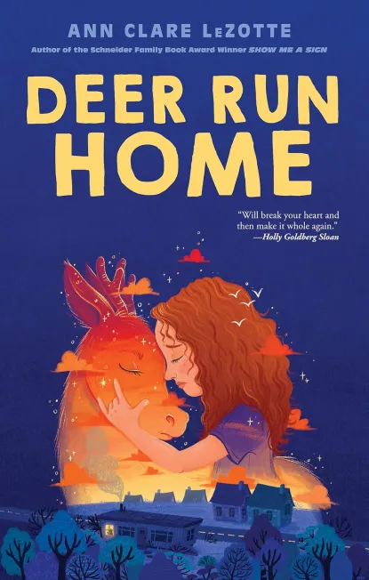 cover of Deer Run Home book showing an illustration of a girl in profile hugging an deer in profile against a dark blue background