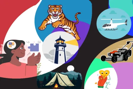 Illustration featuring a woman holding a puzzle piece, a jumping tiger, a helicopter, a lighthouse, a lawnmower, a tent by a campfire, and a heart with the words "gentle love" written in cursive.