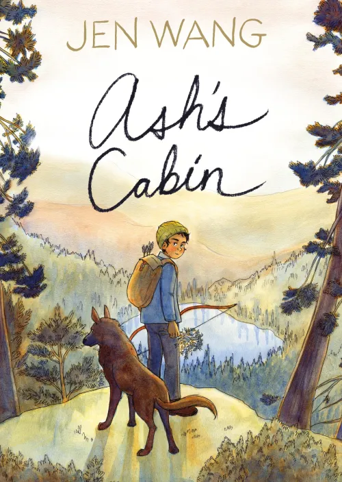 cover of Ash's Cabin with a teenager standing on an overlook next to a dog and holding a bow