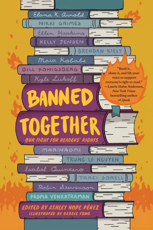 Cover of Banned Together featuring an illustrated stack of books against an orange background