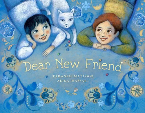 cover of the book Dear New Friend that shows two girls lying on their stomach on a blue rug with flowers with a white cat on the floor between them