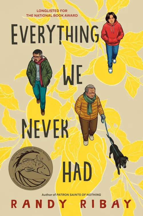 book cover of Everything We Never Had that shows 3 illustrated people walking against a yellow background