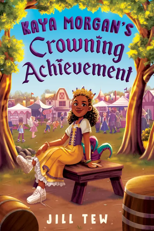 Cover of Kaya Morgan's Crowning Achievement, a young girl in Renaissance Festival attire sits on a bench in front of tents