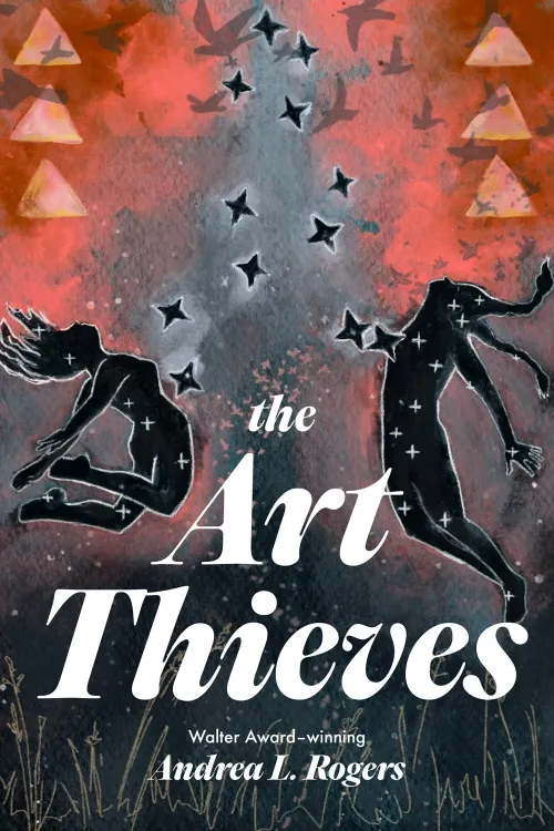 Book cover of the Art Thieves that shows a red background with black silhouettes lifting up off the ground
