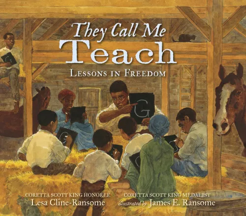 Book cover of They Call Me Teach showing an illustration of black children in a barn learning the letter G from a Black man