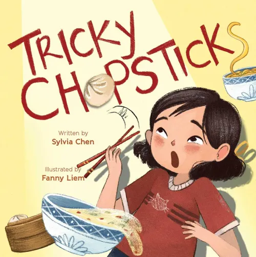 Tricky Chopsticks cover showing an Asian girl using chopsticks but losing her grip on a dumpling