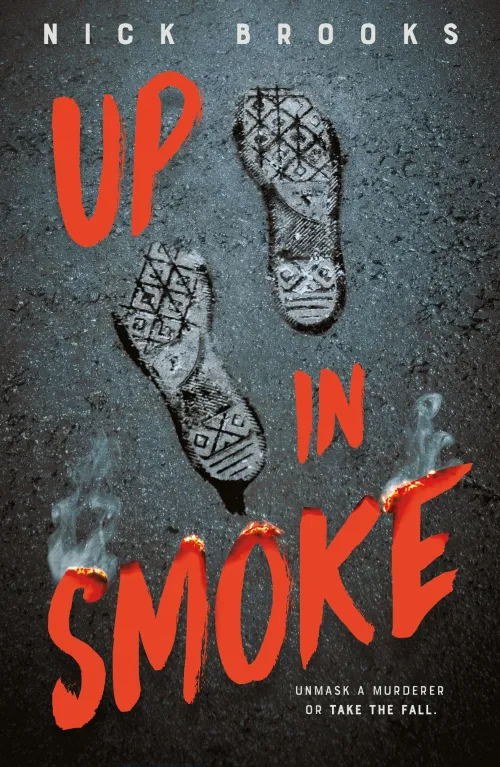 Book cover of Up in Smoke that shows two footprints in a gray background with the title of the book in red