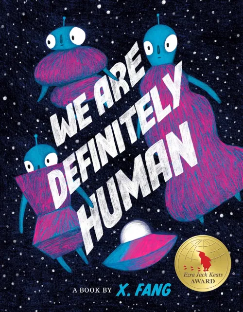 book cover of We Are Definitely Human showing an illustration of a spaceship and blue aliens with purple clothing