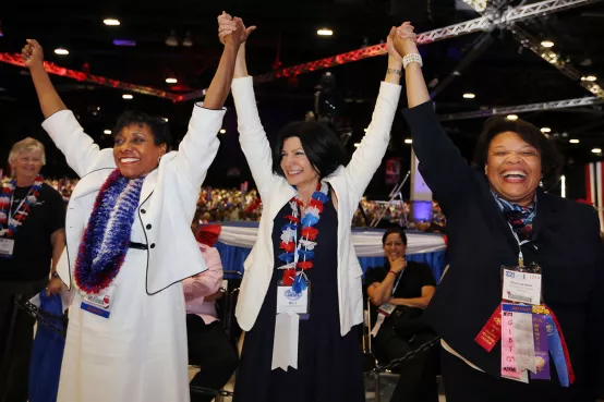 Vice President elect Rebecca Pringle, left, President elect Lily Eskelsen Garcia and Secretary-Treasurer elect Princess Moss in 2014