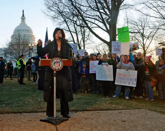 Lily Eskelsen Garcia speaks at a rally against Betsy DeVos's policies