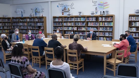 NEA President Becky Pringle meets with educators at the library of EN Peirce Middle School