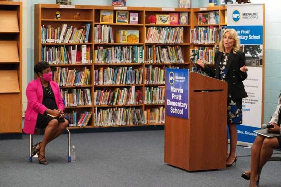 NEA President Becky Pringle at a meeting with First Lady Jill Biden at Marvin E. Pratt Elementary School in Milwaukee