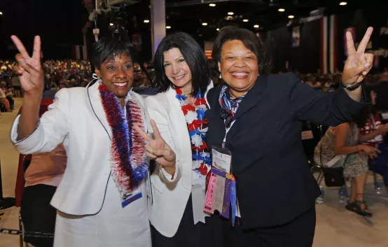 Celebratory photo of Becky Pringle, Lilly Eskelsen Garcia and Princess Moss